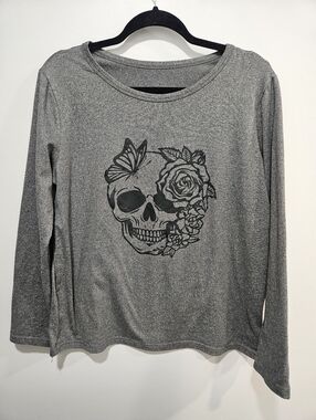 Gray Skull Floral Butterfly Graphic Long Sleeve Top Soft Goth Casual Shirt